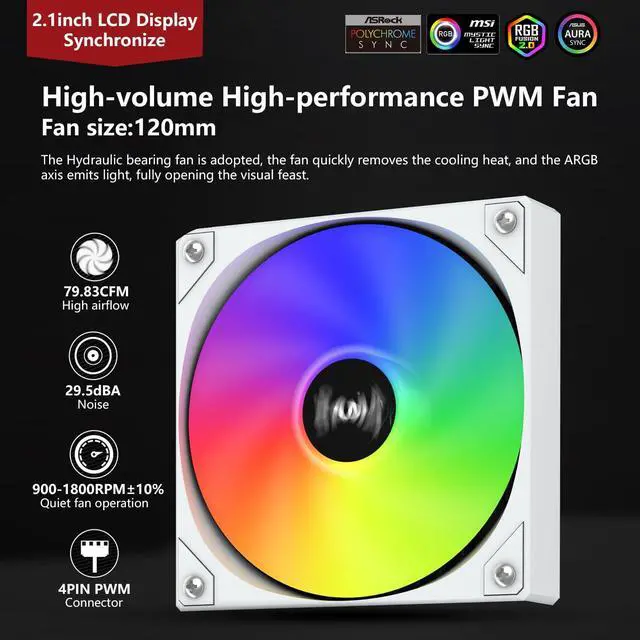 Alt view image 3 of 5 - SAMA SM360 White Adjustable Liquid Cooler LCD Display Screen with 3x120mm Addressable ARGB PWM Silent Fan 360mm AIO Radiator