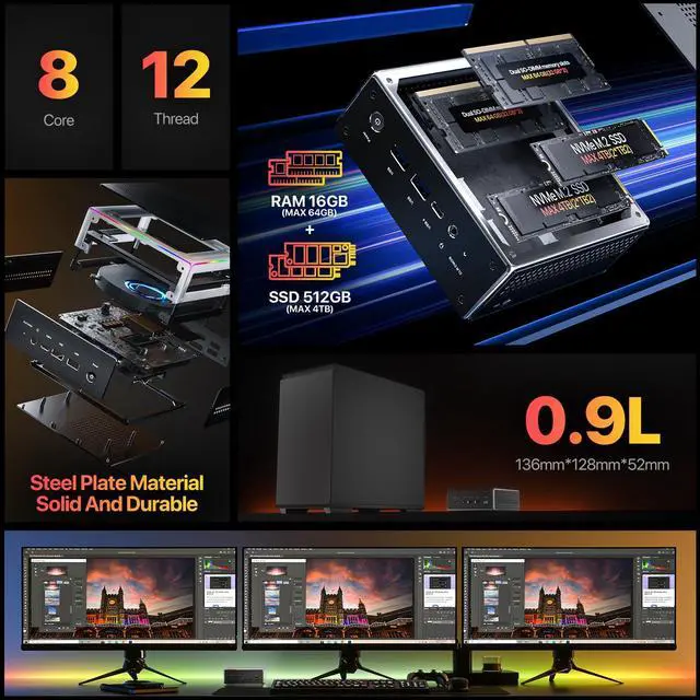 Alt view image 5 of 5 - Trycoo HO4 Mini PC,Intel i5-12450H(Turbo 4.4 GHz) 16GB DDR4 512GB M.2 NVMe SSD, Mini Desktop Computer Support 4K@144Hz/HD+DP+Type-C/USB4.0/WiFi6/BT5.2/Office PC (i5-12450H 16GB RAM+512GB SSD)
