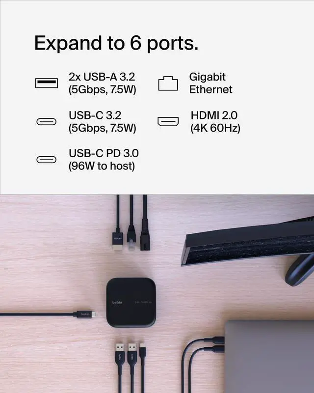 Alt view image 2 of 5 - Belkin Connect USB-C 6-in-1 Core GaN Dock 130W, Multiport Docking Station w/ 96W PD to Peripherals, USB-C, USB-A, Gigabit Ethernet, & HDMI 4K Ports for Gaming, MacBook Pro, PC Laptops, & Chromebook