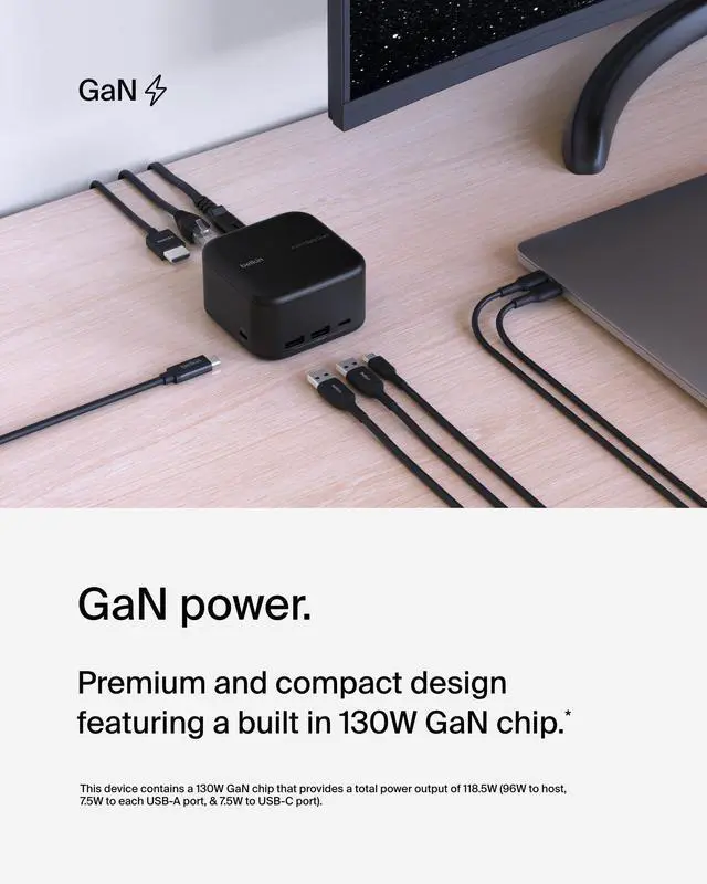 Alt view image 3 of 5 - Belkin Connect USB-C 6-in-1 Core GaN Dock 130W, Multiport Docking Station w/ 96W PD to Peripherals, USB-C, USB-A, Gigabit Ethernet, & HDMI 4K Ports for Gaming, MacBook Pro, PC Laptops, & Chromebook