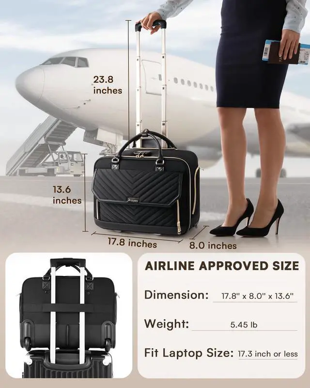Alt view image 3 of 5 - Arcoyard Rolling Laptop Bag for Women, 17.3 Inch Briefcase with Wheels, Anti Theft Computer Bags with Leather Handle, Roller Work Tote Bag for Teacher, Airline Approved, Large, Black