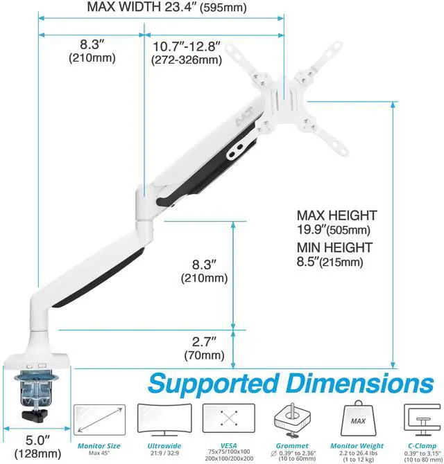 Alt view image 2 of 5 - AVLT Single 17"-45" Monitor Arm Desk Mount Premium Mechanical Spring fits One Flat/Curved/Ultrawide Monitor Full Motion Height Swivel Tilt Rotation Adjustable, White