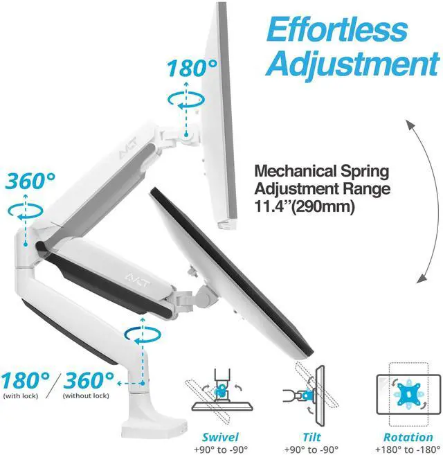 Alt view image 3 of 5 - AVLT Single 17"-45" Monitor Arm Desk Mount Premium Mechanical Spring fits One Flat/Curved/Ultrawide Monitor Full Motion Height Swivel Tilt Rotation Adjustable, White