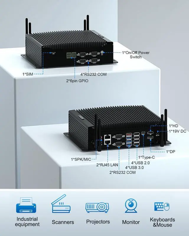 Alt view image 2 of 5 - BASOARO Fanless Industrial PC i5, Mini PC Win 11 Pro Core i5 10210U, 16GB RAM 256GB SSD, HD DP Type-C Triple Display, GPIO, 6 RS232 COM, 8 USB, WiFi, BT 4.2
