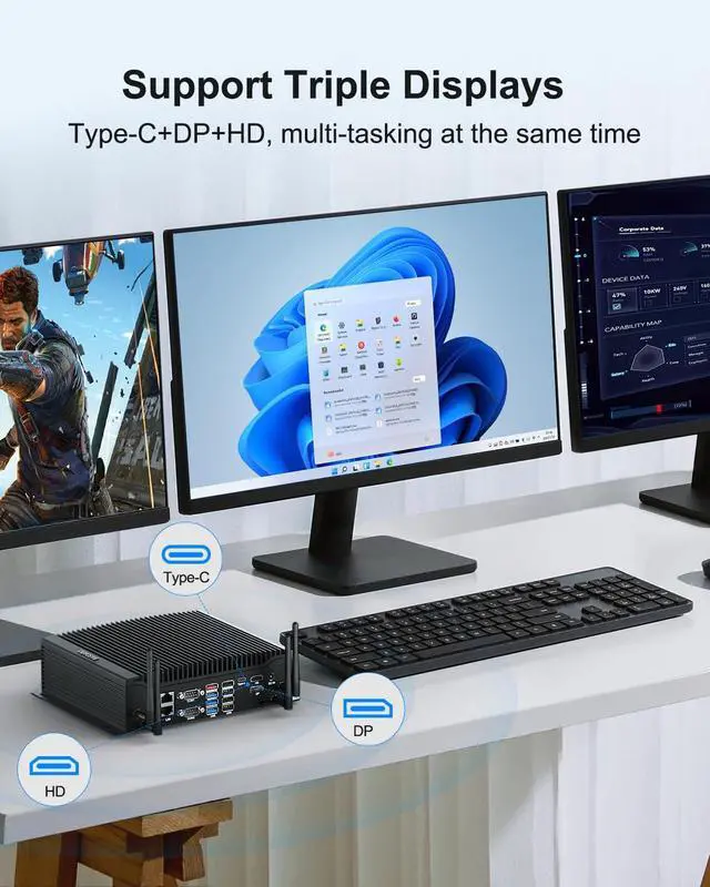 Alt view image 5 of 5 - BASOARO Fanless Industrial PC i5, Mini PC Win 11 Pro Core i5 10210U, 16GB RAM 256GB SSD, HD DP Type-C Triple Display, GPIO, 6 RS232 COM, 8 USB, WiFi, BT 4.2