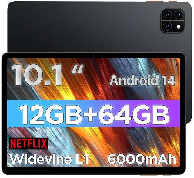 Main image of Android Tablet, 10.1 inch Android 14 Tablet, Octa-core CPU, 2 Years Protection, RAM 12GB, ROM 64GB (Up to 2 TB), 800x1280 Resolution, WiFi 6 & Bluetooth 5.4, Dual Speakers, 5MP+8MP, 6000mAh, Black