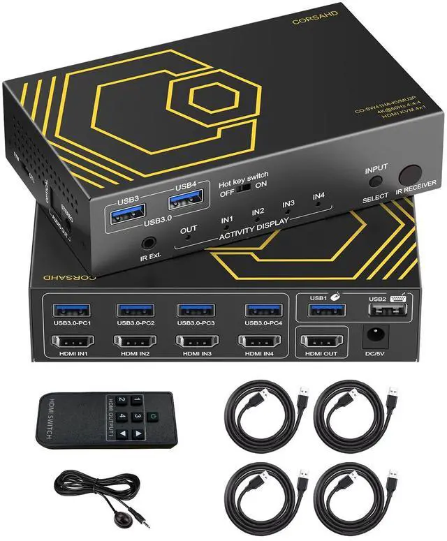 Main image of HDMI KVM Switch USB 3.0 4 Ports with Hotkey 4K 60Hz 18Gbps Share 4 Computers with one Keyboard Mous HDR D-olby Vision HDCP2.2 Remote Control USB3.0 CableX4