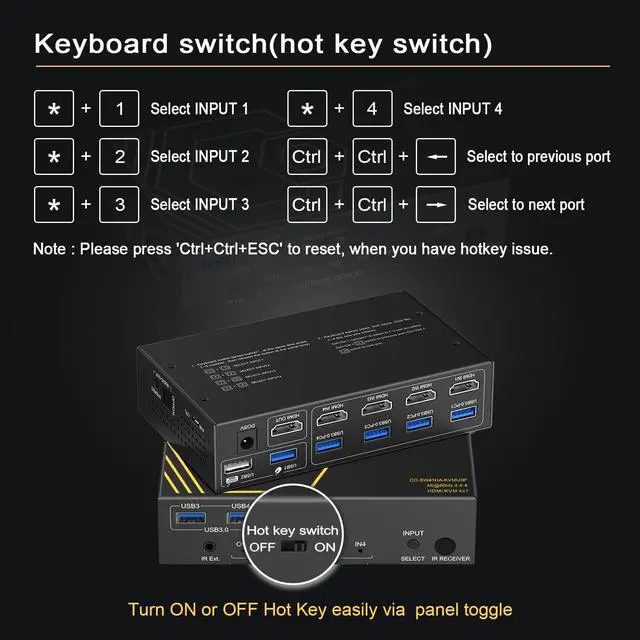 Alt view image 5 of 5 - HDMI KVM Switch USB 3.0 4 Ports with Hotkey 4K 60Hz 18Gbps Share 4 Computers with one Keyboard Mous HDR D-olby Vision HDCP2.2 Remote Control USB3.0 CableX4