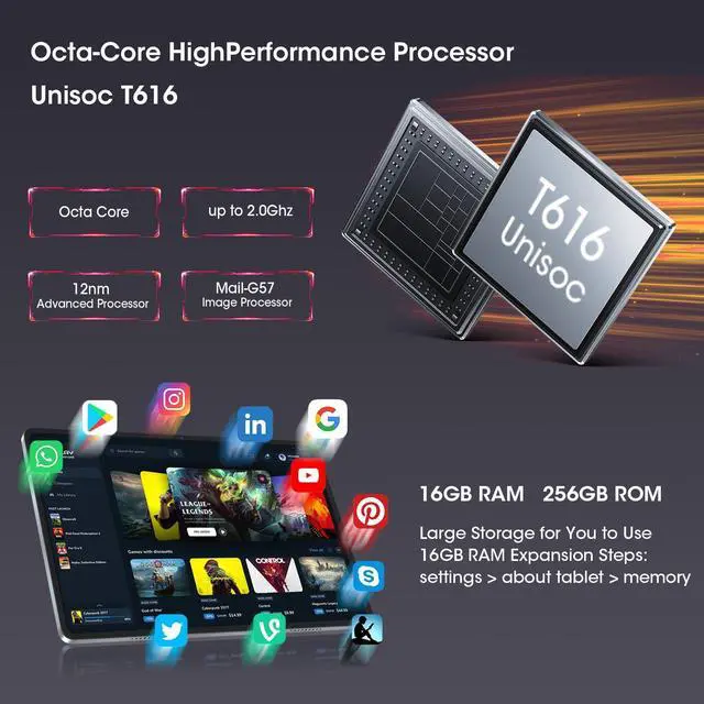 Alt view image 2 of 5 - CWOWDEFU 10.1-inch Tablet, Android 14, 16GB RAM, 256GB ROM (Expandable to 1TB), 4G LTE, Dual SIM, 8MP Rear & 13MP Front Camera, 6000mAh Battery, Gray