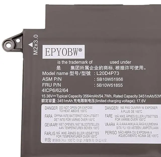 Alt view image 2 of 4 - EPYOBW L20D4P73 Laptop Battery 54.7Wh 3564mAh 4-Cell Compatible with Lenovo ThinkPad X13 Gen 2 20WK / ThinkPad X13 Gen 3 21BN Series L20D3P72 L20C3P72 L20C4P73 L20L4P73 L20M4P73 L20C4P74