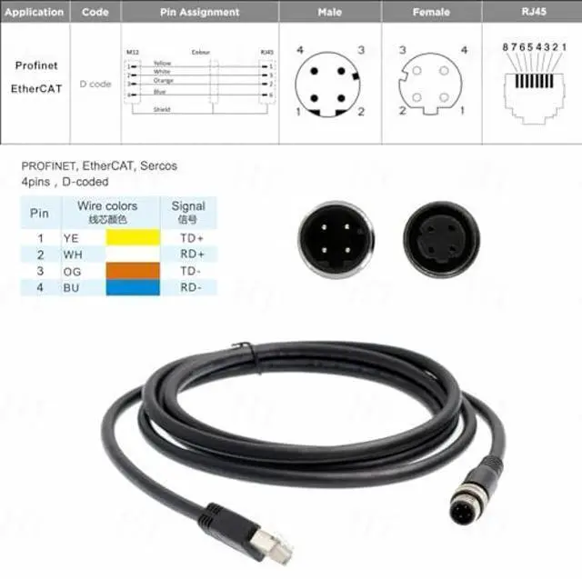 Alt view image 4 of 5 - HangTon Network Ethernet Cable for Keyence IV2 Sick Sensor Camera Barcode Reader, M12 D Code 4 Pin to RJ45 Cat6 PC PLC 20m