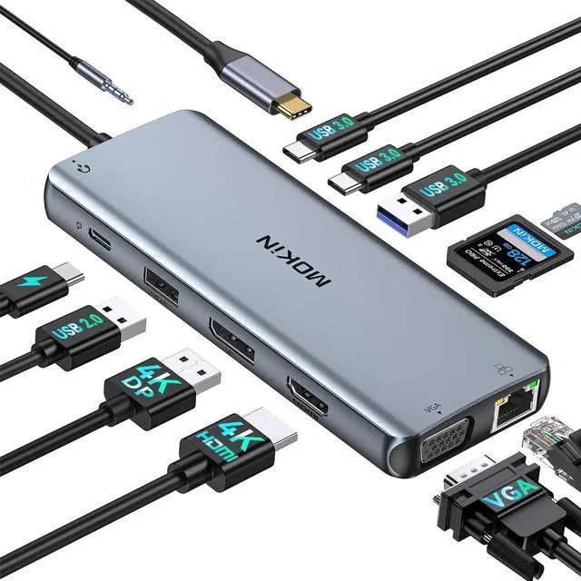 Main image of USB C Docking Station Dual Monitor,Laptop Docking Station 3 Monitors,MOKiN 12 in1 USB C Dock Hub Multiport Adapter with 4K HDMI+DisplayPort+VGA,100W PD,4 USB Ports,Ethernet,SD,Audio for Dell/HP/Lenovo