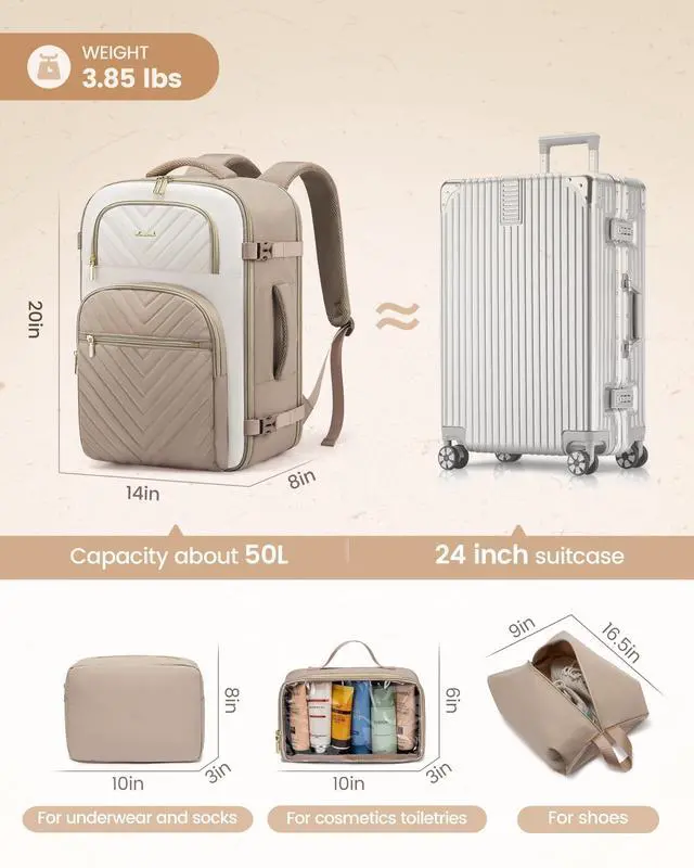 Alt view image 5 of 5 - LOVEVOOK Travel Backpack Carry on Flight Approved 50L,Waterproof TSA Travel Essentials Personal Item Backpack for Women Men,Large Carry on Luggage Suitcase Travel Bag for Airplane with 3 Packing Cubes