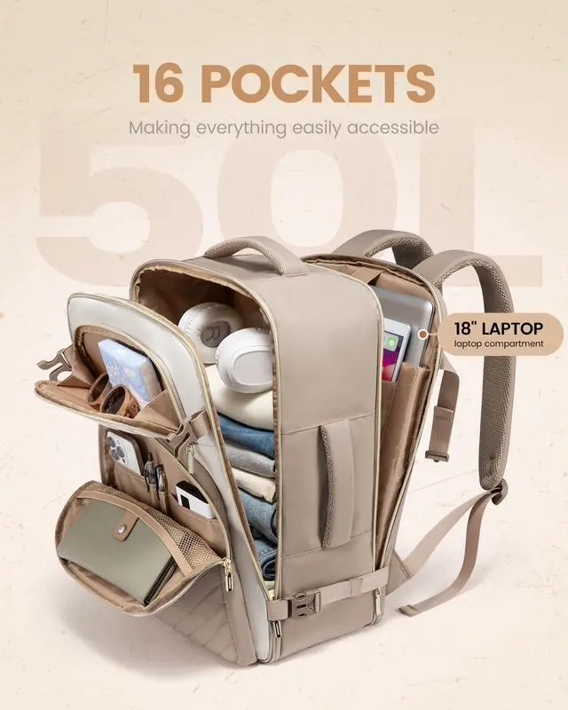 Alt view image 4 of 5 - LOVEVOOK Travel Backpack Carry on Flight Approved 50L,Waterproof TSA Travel Essentials Personal Item Backpack for Women Men,Large Carry on Luggage Suitcase Travel Bag for Airplane with 3 Packing Cubes