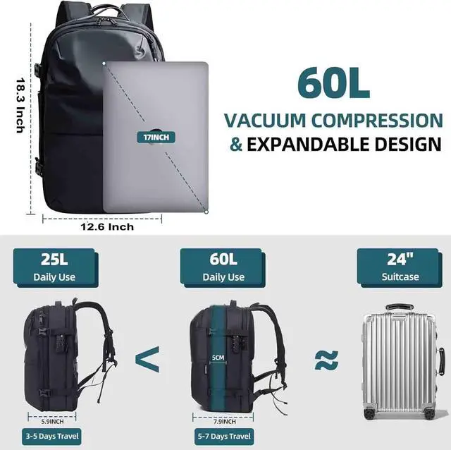 Alt view image 3 of 5 - Vacuum Backpack Travel- 60L Expandable Air Vacuum Seal Backpack, Vacuum Compression Laptop Backpack Water Resistant TSA Lock (with Pump)