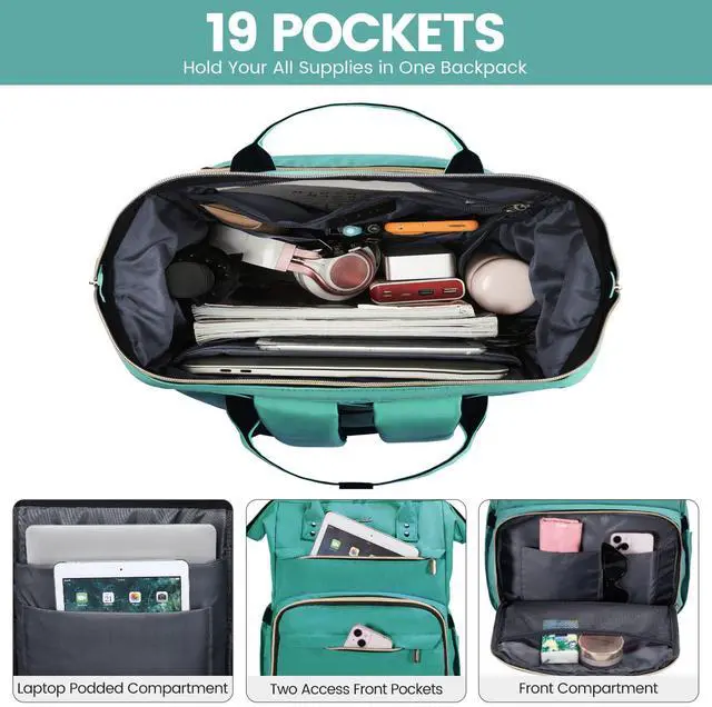 Alt view image 2 of 5 - LOVEVOOK Laptop Backpack for Women,18 Inch Professional Womens Travel Backpack Purse Computer Laptop Bag Nurse Teacher Backpack,Waterproof College Work Bags Carry on Back Pack with USB Port,Mint Green