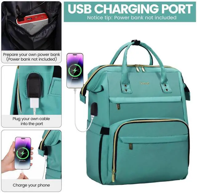 Alt view image 3 of 5 - LOVEVOOK Laptop Backpack for Women,18 Inch Professional Womens Travel Backpack Purse Computer Laptop Bag Nurse Teacher Backpack,Waterproof College Work Bags Carry on Back Pack with USB Port,Mint Green