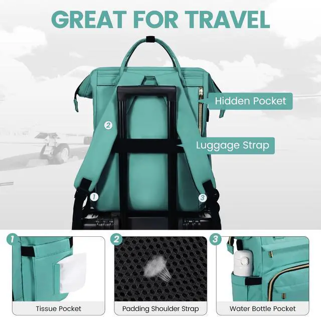 Alt view image 4 of 5 - LOVEVOOK Laptop Backpack for Women,18 Inch Professional Womens Travel Backpack Purse Computer Laptop Bag Nurse Teacher Backpack,Waterproof College Work Bags Carry on Back Pack with USB Port,Mint Green