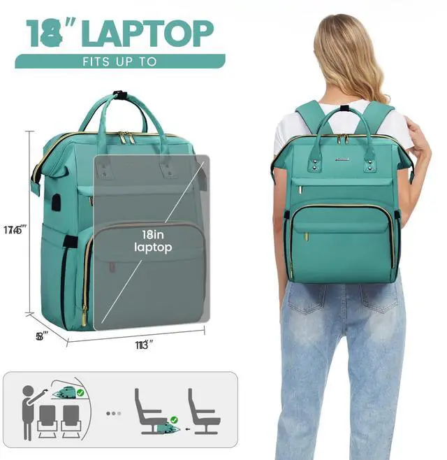 Alt view image 5 of 5 - LOVEVOOK Laptop Backpack for Women,18 Inch Professional Womens Travel Backpack Purse Computer Laptop Bag Nurse Teacher Backpack,Waterproof College Work Bags Carry on Back Pack with USB Port,Mint Green