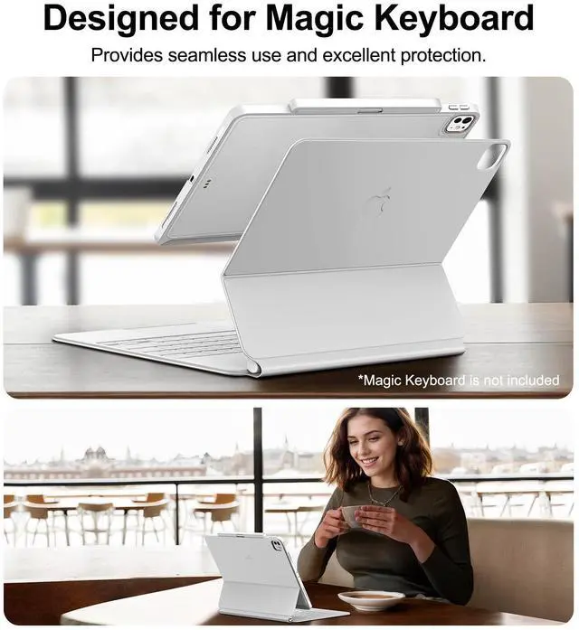 Alt view image 3 of 5 - Magic-Keyboard Compatible Case for iPad Pro-13 inch M4 2024: Cover with Apple Pencil Holder for Smart MagicKeyboard Folio Slim Durability, with Durable Leather, (Keyboard Not Included), White