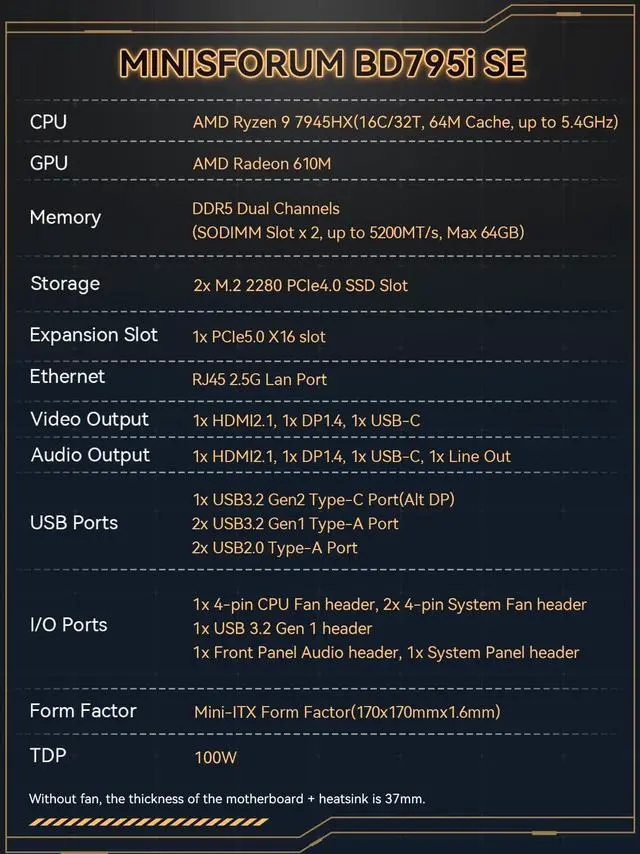 Alt view image 3 of 5 - MINISFORUM BD795i SE Mini ITX Motherboard, AMD Ryzen 9 7945HX, 16 C/32 T,Up to 5.4 GHz,PCIe 5.0 x16 Slot, Dual PCIe4.0 M.2 Support, DDR5,8K Triple Output with HDMI/DP/USB-C, RJ45 2.5G, USB 3.2 Gen 2