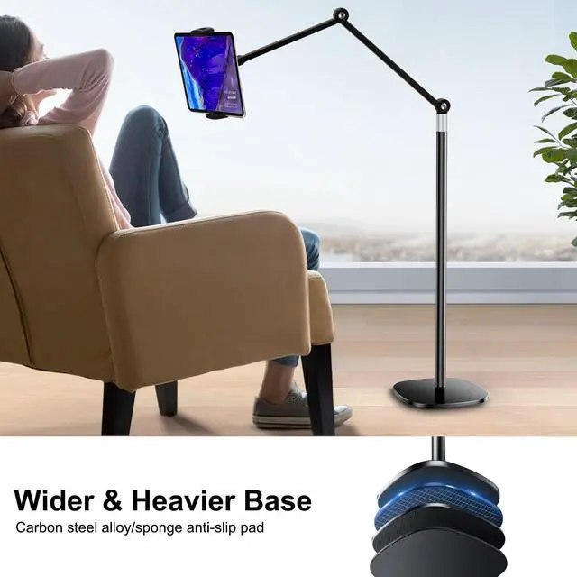 Alt view image 2 of 5 - OATSBASF Tablet Floor Stand, Overhead Bed Phone Mount, Height & 360 Degree Angle Adjustable Universal Metal Tablet Holder Compatible with iPad, Samsung Galaxy Tab, iPhone, Kindle, 4.7-12.9" (Black)