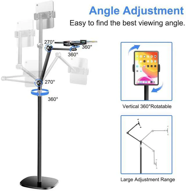 Alt view image 4 of 5 - OATSBASF Tablet Floor Stand, Overhead Bed Phone Mount, Height & 360 Degree Angle Adjustable Universal Metal Tablet Holder Compatible with iPad, Samsung Galaxy Tab, iPhone, Kindle, 4.7-12.9" (Black)