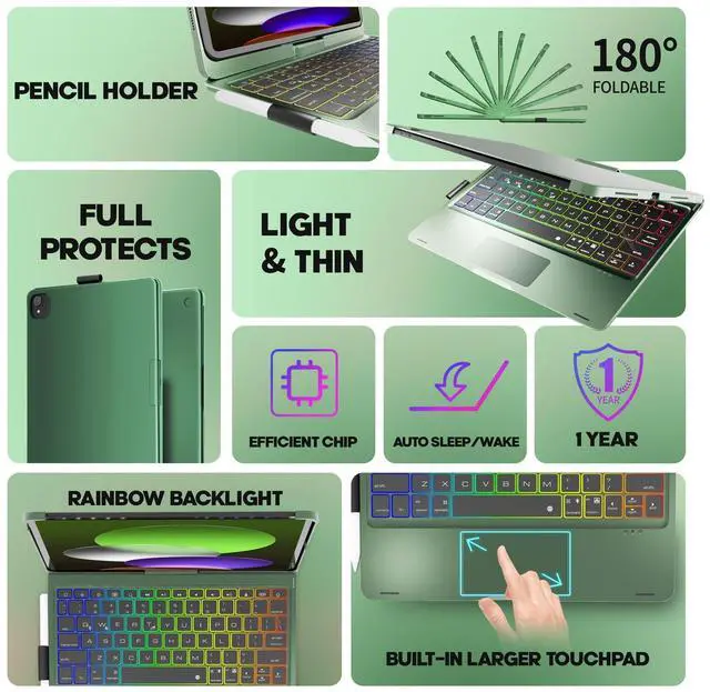 Alt view image 4 of 5 - NOKBABO for iPad 10th/11th (A16) Generation Case with Keyboard,iPad Air 11 Keyboard(M3/M2), Keyboard for iPad Pro 11 (4th/3rd/2nd/1st) & iPad Air 5/4th, Trackpad,360degSwivel, Backlit - Midnight Green