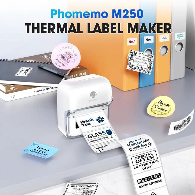 Alt view image 5 of 5 - Phomemo M250 Label Maker Machine with Tape, 3 Inch Thermal Label Maker, 2024 Upgrade Portable Barcode Label Printer for Business & Home, Thermal Labels 1.57"x1.18", Print Blue Color on Clear Label