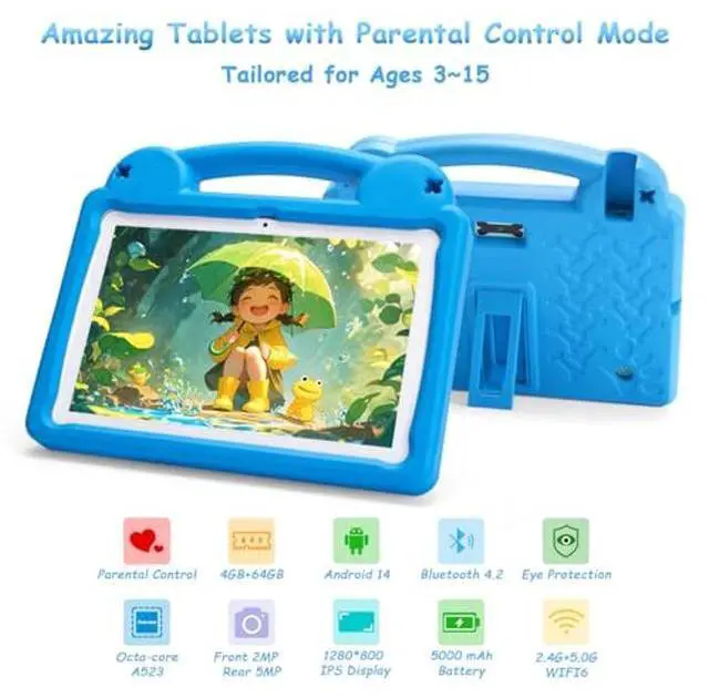 Alt view image 2 of 5 - Ruufuuxy 10 Inch Tablet for Kids with Parental Control, 8(4+4) GB RAM 64GB ROM, Octa Core, WiFi 6, 5000mAh Battery, GMS - Kids Tablet with Blue EVA Case