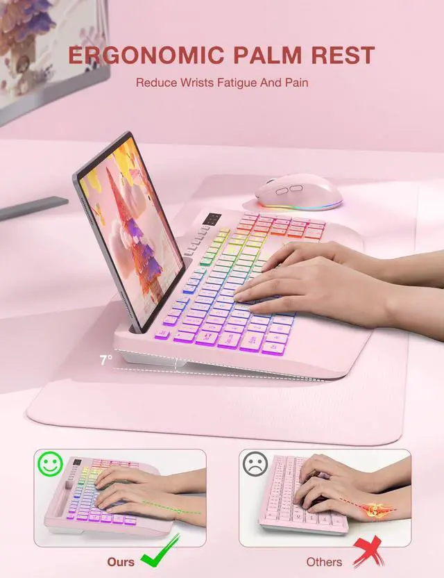Alt view image 2 of 5 - Wireless Keyboard and Mouse Combo, 9 Backlit Effects, Wrist Rest, Phone Holder, 2.4G Lag-Free Ergonomic Keyboards, Rechargeable Silent Cordless Set for Computer, Laptop, Mac, Windows -SABLUTE(Pink)