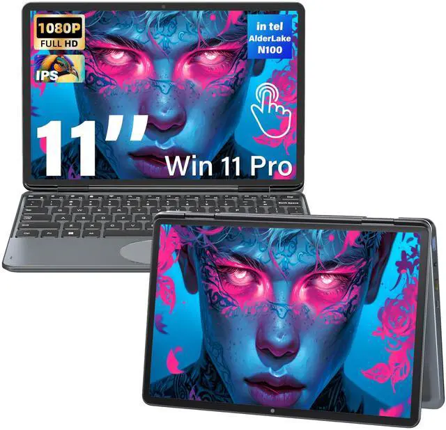 Main image of Svikou 11" Convertible 2-in-1 Touchscreen Laptop, in tel N100,16GB RAM,1T SSD,FHD 1920 * 1200 IPS,Win 11 Pro PC,Backlit Keyboard, WiFi,USB-C,HDMI,Oval Trackpad,Lightweight for Business&Students