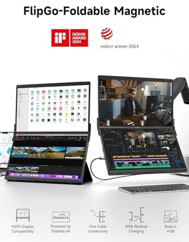 Alt view image 2 of 5 - JSAUX FlipGo Pro Laptop Screen Extender, 15.6" 1080P FHD IPS Dual Portable Monitor, Triple Screen Laptop Monitor Extender with Built-in Hub, Magnetic Design, Plug & Play for Wins/Mac (Driver Required)