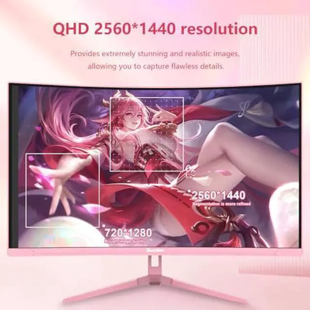 Alt view image 3 of 5 - Sealan 27 inch Curved Pink Gaming Monitor 180Hz,QHD(2560 x1440),1ms,1800R,VA Screen,FreeSync,Low Blue Light, Flicker Free,Eye-Care, DP, HDMI Port for Gaming Home Office,Supports Wall Mount (75 * 75mm)