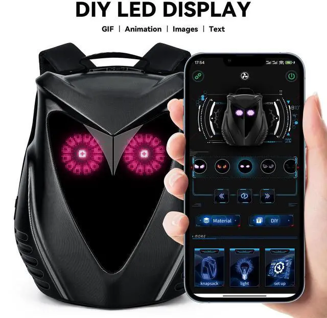 Alt view image 2 of 5 - Led Backpack with Programmable Screen, App Control DIY Owl Eyes Laptop Backpack/Travel Backpack/Motorcycle Back Pack Gifts for Men