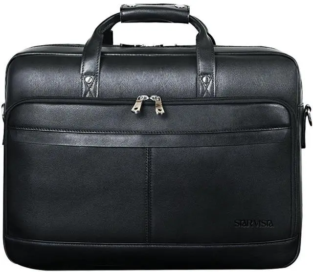 Main image of STAR VISTA Matteo Large 18" Laptop Messenger Bag, Calfskin Leather Briefcase for Men, Business Travel, YKK Zippers and Brass Hardware, Fits 17.3" Laptop, Black