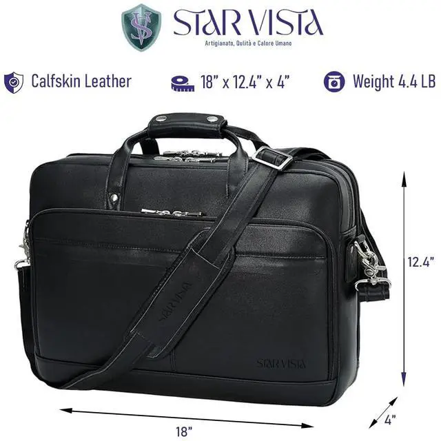 Alt view image 4 of 5 - STAR VISTA Matteo Large 18" Laptop Messenger Bag, Calfskin Leather Briefcase for Men, Business Travel, YKK Zippers and Brass Hardware, Fits 17.3" Laptop, Black