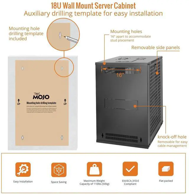 Alt view image 5 of 5 - Tecmojo 18U Wall Mount Rack Network Cabinet for 19" IT Equipment,with Lockable Mesh Door and Side Panels,Cooling Fan,Black,17.7inch Depth for AV/Computer/Electronics Equipment Data Rack