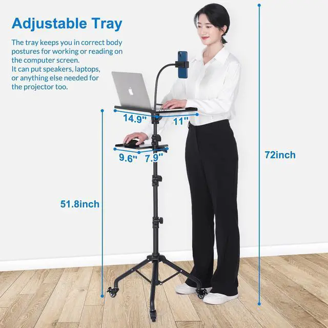 Alt view image 2 of 5 - Tossbiss Laptop Tripod on Wheels with 2 Shelves, Portable Projector Floor Stand Adjustable Height 25.9 to 51.8 Inch with Phone Holder
