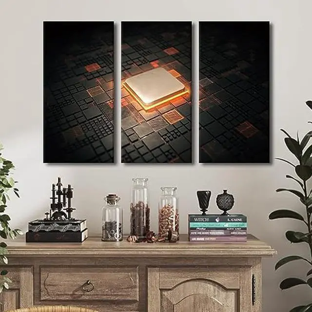 Alt view image 3 of 5 - Canvas Wall Art Computer Processors CPU Wall Art for Living Room 3 Piece GPU Card with Circuit and Colorful Lights Modern Wall Decor Contemporary Art Print on Canvas Framed Ready to Hang (40"Wx60"H)