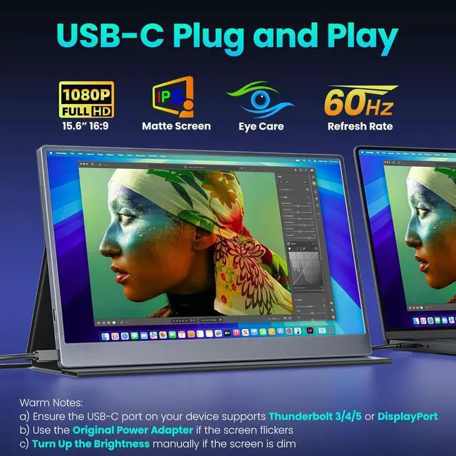 Alt view image 2 of 5 - Upperizon Portable Monitor 15.6 Inch 1080P FHD HDR IPS Travel Screen HDMI USB-C Portable Monitor for Laptop MacBook PC Surface Xbox PS4/5 with Cover, VESA Compatible