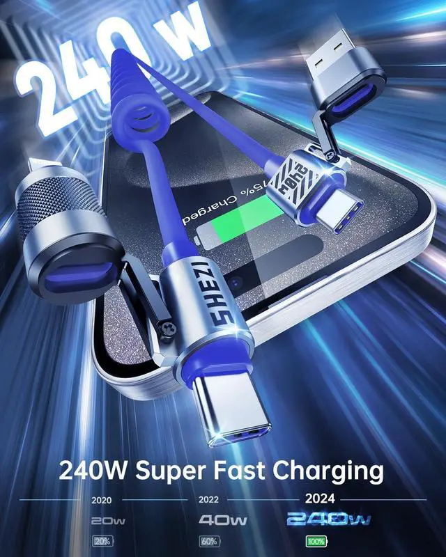 Alt view image 4 of 5 - Vexipia 4-in-1 Coiled 5FT 240W USB C Cable (Blue & Pink) with Coiled 5FT 240W USB C Cable with Magnetic Organizer (Yellow) Bundle