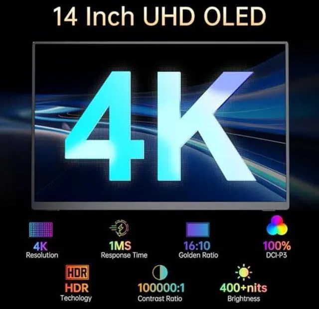 Alt view image 3 of 5 - VOKENSU Portable Monitor OLED 4K 3840x2400, 14" Ultra Slim Travel Monitor, 400+ Nits |100% DCI-P3 | 1000000:1 Contrast, HDMI USB C External Monitor for Laptop Mabook PC