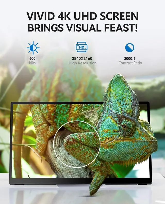 Alt view image 5 of 5 - 4K Portable Touch Monitor, 15.6" inch 3840 * 2160 UHD w/USB-C HDMI Laptop Monitor, 2000:1 100% RGB IPS Aluminum Alloy Shell,10-Point TouchDual Speaker, HDR, for Home, Work