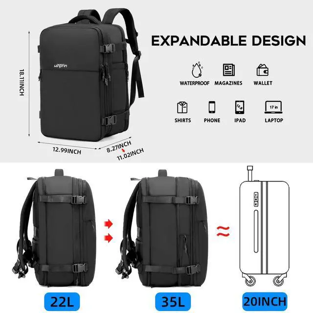 Alt view image 2 of 5 - WINPRIM 35L Travel Backpack for Women & Men, TSA Approved Carry On Backpack, Waterproof Laptop Backpack (1680D Black, 35L)