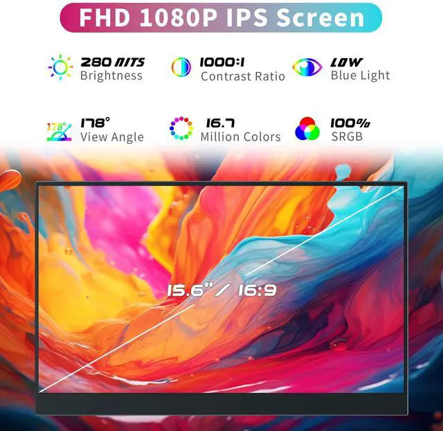 Alt view image 2 of 5 - Portable Monitor for Laptop, 15.6 Inch 1080P FHD Portable Monitor Second Screen Extender with USB C HDMI Cover Stand Speaker for Laptop Computer PC Mac Phone PS5/4 Xbox Switch Travel Gaming Work