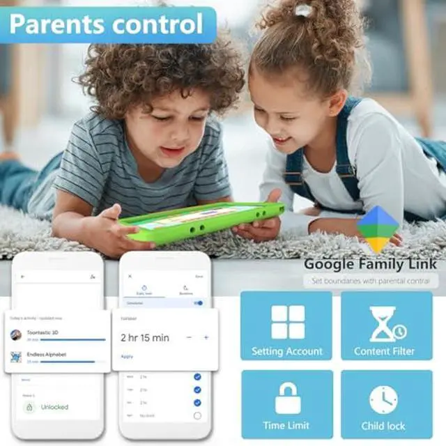 Alt view image 3 of 5 - YACXBTK Tablet for Kids 10.1 inch Android 14 6000mHA 8GB RAM+64GB ROM(Expandable to 1TB Kids Tablet Age 3-12 with Case& Lanyard WiFi6 Google Kids Space Parental Control 1280 * 800 HD Screen Green