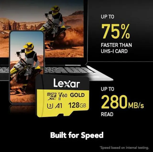 Alt view image 4 of 5 - Lexar 128GB Professional Gold Micro SD Card, UHS-II, C10, U3, V60, A1, Full HD, 4K, Up to 280/100 MB/s microSDXC Memory Card, for Drones, Action Cameras, Portable Gaming Devices (LMSGOLD128G-BNNNG)