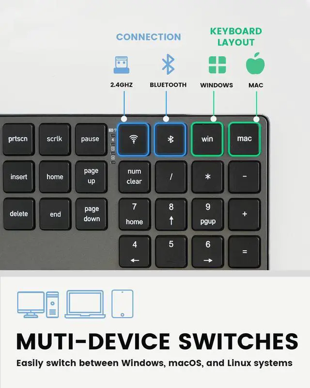 Alt view image 4 of 5 - Perixx PERIBOARD-817 Wireless Multi Device Keyboard, Full Size, Aluminum Housing, X Type Scissor Keys, Compatible with Windows, macOS, Linux