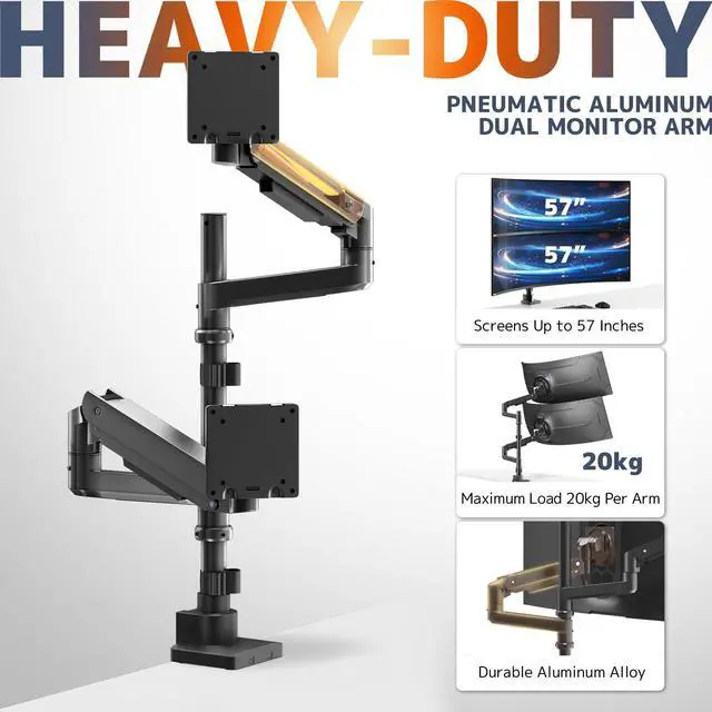 Alt view image 2 of 5 - Dual Monitor-Arm Heavy-Duty for 17-57-Inch Screens - Vertical Ultrawide Dual Monitor Mount, Fully Adjustable Stacked Double Monitor Desk Mount Stand, Max Load 44 lbs per Screen, VESA 75/100 mm, Black